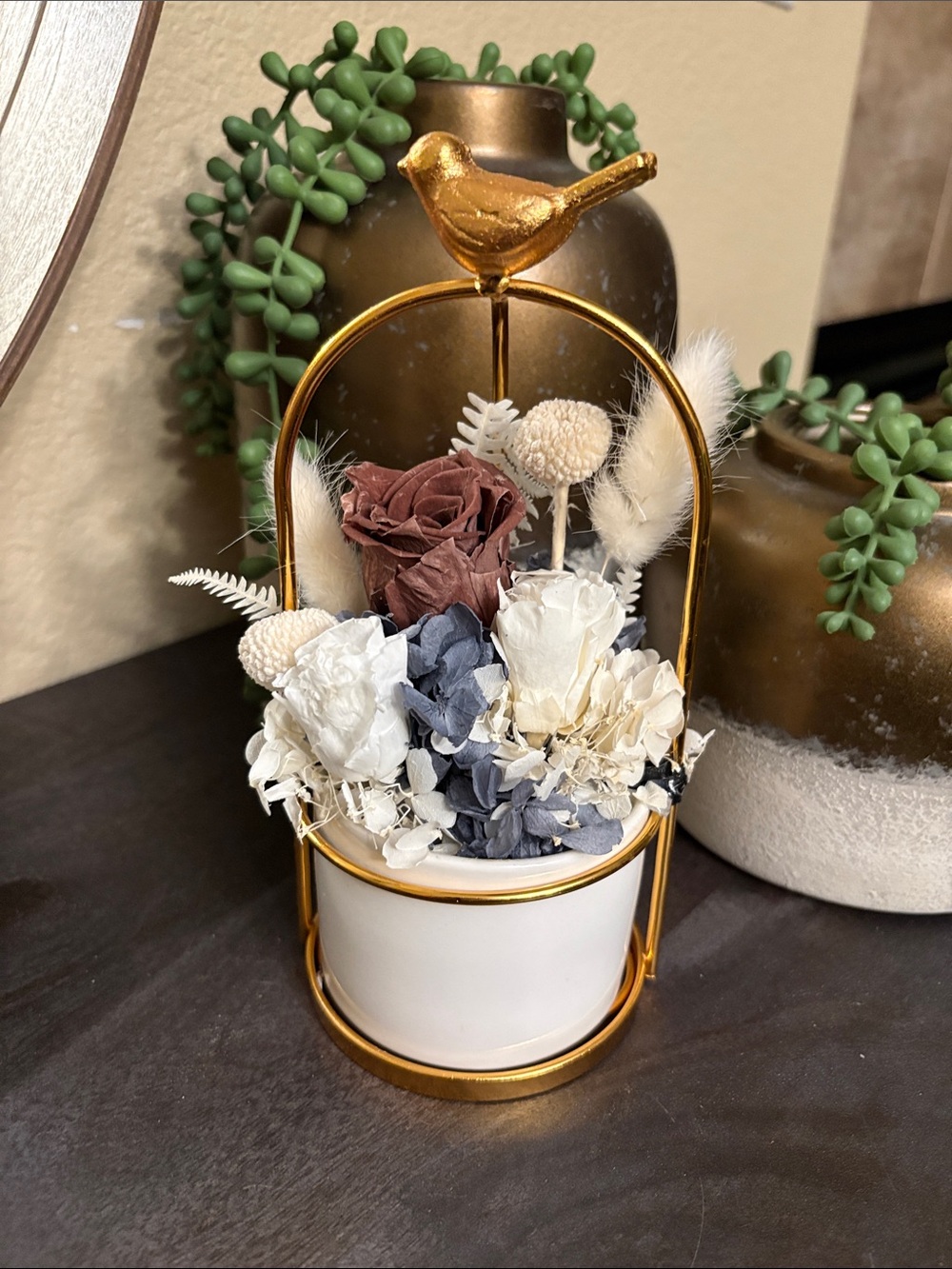 Gold Bird Accent Floral Arrangement with White Ceramic Pot